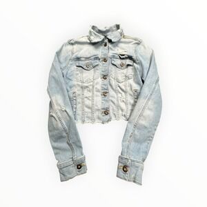 Poison Mushroom Denim Jacket Womens S Light Blue‎ Cropped Distressed Raw Trucker